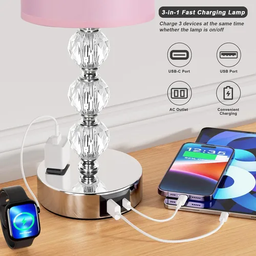 Miniatura 3 de Lámparas de noche táctiles blancas para dormitorios, lámpara de mesa de cristal con puerto de carga USB C+A y mesita de noche de salida de CA
