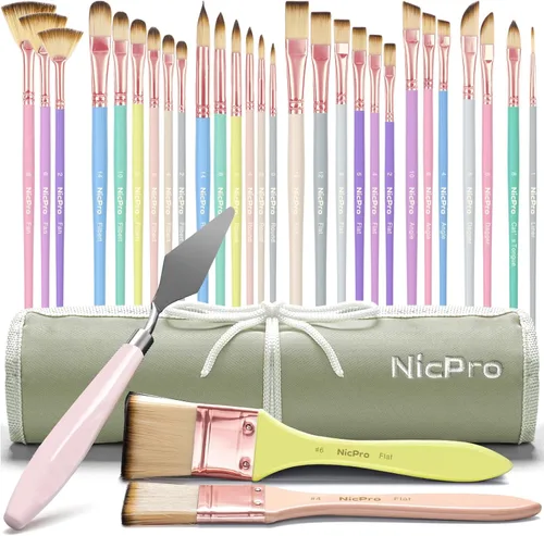 Nicpro Juego de 30 pinceles de pintura, pinceles estéticos pastel con espátula de pintura y rollo de tela, pinceles de pintura para pintura