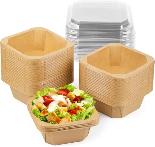 Miniatura 10 de Paquete de 25 envases de papel de 25 onzas, contenedores de alimentos desechables con tapas, cuencos desechables, cuencos de ensalada desechables