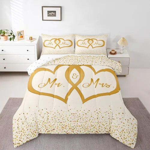 Miniatura 19 de Erosebridal Juego de edredón para parejas, juego de ropa de cama tamaño individual con lentejuelas doradas con purpurina dorada, edredón acolchado