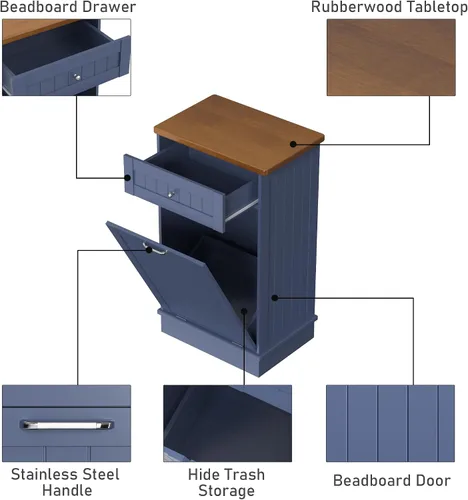 Miniatura 4 de TOLEAD - Gabinete de basura extraíble, isla de cocina estilo antiguo con tablero de perlas, superficie de madera maciza y cajón, gabinete de Azul