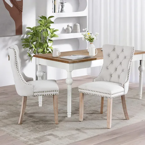 Miniatura 2 de SoarFlash Juego de 2 sillas de comedor de tela de lino, sillas de comedor tapizadas con ribete de cabeza de clavo y patas de madera de color claro