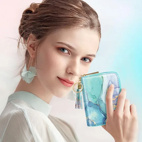 Miniatura 8 de Coco Rossi Billetera pequeña para tarjetas de crédito RFID con purpurina linda para mujer, C mármol verde