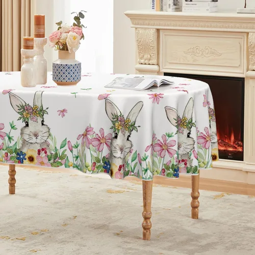 Miniatura 8 de Horaldaily Mantel de Pascua de 52 x 70 pulgadas, mantel lavable de primavera con diseño de conejito de flores para decoración de fiestas, pícnic