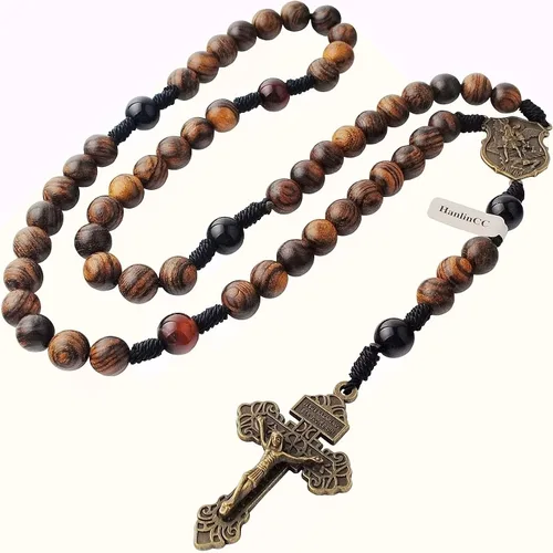 Miniatura 6 de HanlinCC Cuentas de madera maciza hechas a mano de 0.394 pulgadas con piedra de ágata, collar de rosario católico para hombres con pieza central