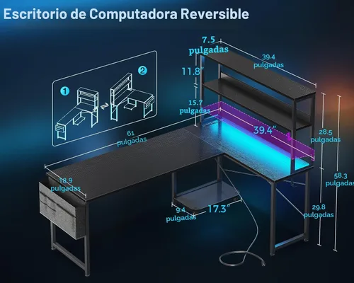 Miniatura 3 de Casaottima Escritorio para juegos de 61 pulgadas con tomas de corriente y luces LED, escritorio reversible en forma de L con estantes y bolsa