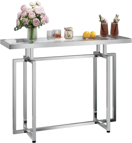 Miniatura 6 de ASYA Mesa consola de cristal para entrada, mesa de entrada moderna con vidrio templado y marco cromado, mesa de sofá plateada para sala de estar