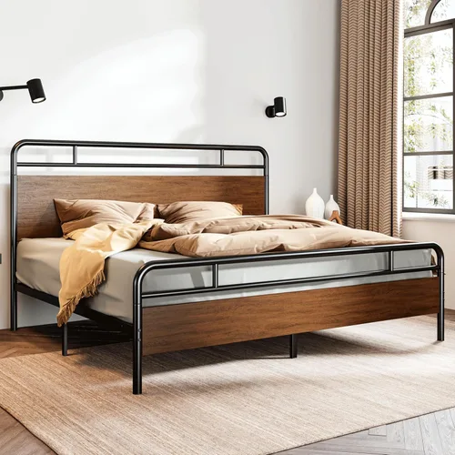 Miniatura 3 de SHA CERLIN Estructura de cama de tamaño king con cabecero y pie de cama de madera, estructura metálica de esquinas redondeadas, listones resistentes