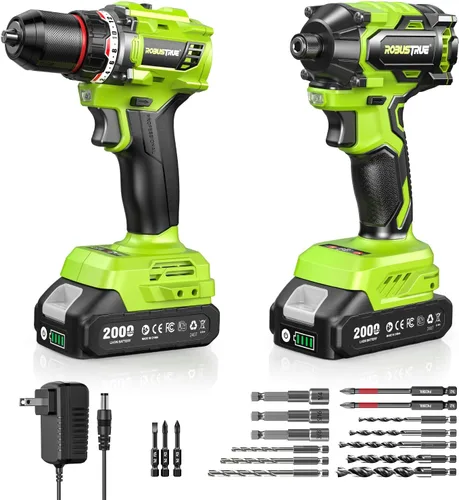 Robustrue Kit combinado de taladro inalámbrico y atornillador de impacto de 21 V, taladro de 3/8 pulgadas y atornillador de impacto de 1/4 pulgadas,