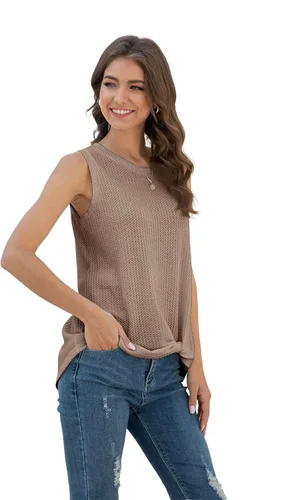 Miniatura 5 de IWOLLENCE Camiseta sin mangas de punto gofre para mujer, blusa casual sin mangas, linda túnica con nudo torcido