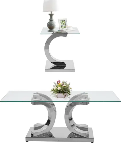 Miniatura 53 de SSLine Mesa auxiliar de cristal de lujo para sala de estar, mesa auxiliar moderna dorada con base de pedestal de acero inoxidable en forma de flor