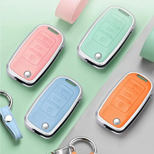 Miniatura 8 de SANRILY Marco de metal plateado y funda para llavero de cuero genuino para VW Tiguan Jetta MK1-MK6 Passat Golf GTI Beetle sin llave de protección