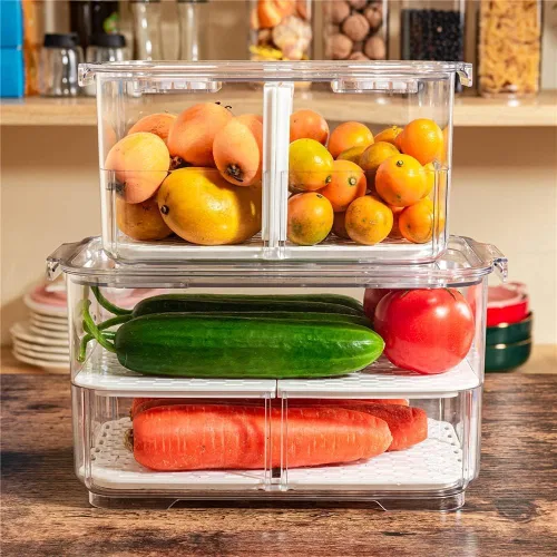 Miniatura 5 de Contenedores organizadores de refrigerador, apilables, para congelador, lechuga con tapas y bandeja de drenaje extraíble, contenedores