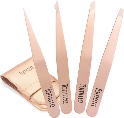 Tomata Juego de pinzas para cejas, punta inclinada y pinzas puntiagudas, gran precisión para cejas, vello facial, cabello encarnado, astillas, Negro