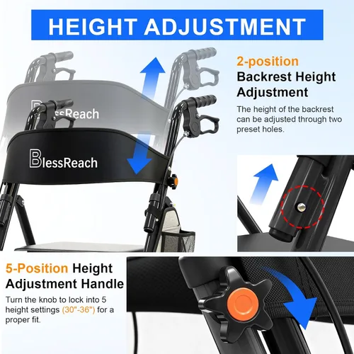 Miniatura 3 de BlessReach Andadores plegables ligeros con asiento para personas mayores, capacidad de 300 libras, altura ajustable de 5 posiciones, andador híbrido