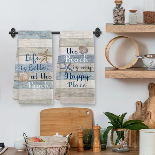 Miniatura 2 de Juego de 2 toallas de cocina y paños de cocina de playa costera, decoración de playa, decoración de baño con temática náutica, paños de cocina