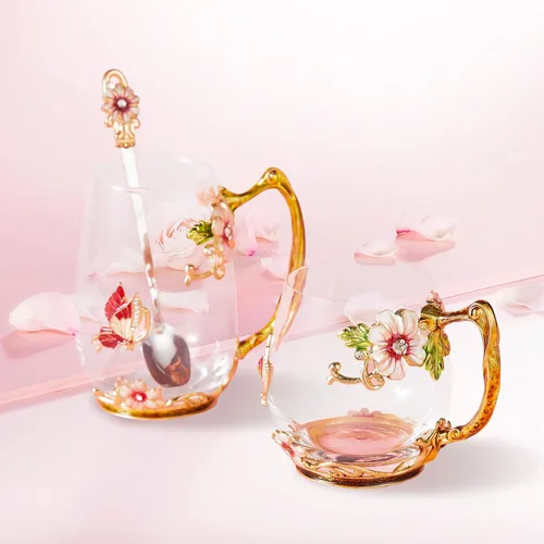 Miniatura 2 de Taza de té con flores, taza de café de vidrio transparente elegante con cuchara, caja de regalo para ella, mamá, esposa, abuela, niñas, amigas, idea