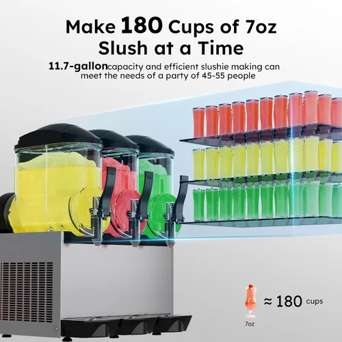 Miniatura 2 de Máquina comercial de granizado de 3 cuencos, 11.7 galones (3 x 3.9 galones) Máquina de bebidas congeladas de acero inoxidable de 900 W, máquina
