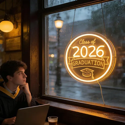 Miniatura 2 de Class of 2026 - Letrero de neón con texto en inglés "Congrats Grad" LED regulable USB Felicidades Graduación Cap Light Decoración de pared para sala