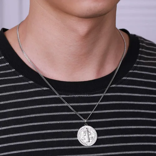 Miniatura 5 de WIOY Collar de medalla de San Benito de plata de ley 925 regalo de joyería católica de San Benito para hombres y mujeres