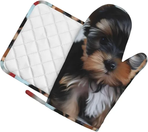 Miniatura 2 de Yorkie - Juego de guantes de horno y soportes para ollas con estampado para cachorros, resistentes al calor, antideslizantes, forro suave, guantes