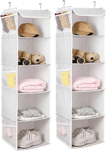 Miniatura 6 de BrilliantJo Organizador colgante de armario con 5 estantes, 2 paquetes de almacenamiento colgante con 6 bolsillos laterales para ropa y zapatos, 43