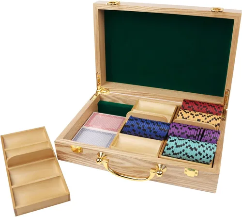 GSE Games & Sports Expert Estuche de madera para fichas de póquer con 3 bandejas de fichas, capacidad para 300 fichas, soporte para fichas de póquer