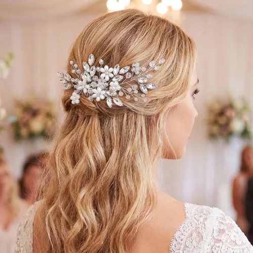Miniatura 4 de Unicra Peine para el cabello de boda con flores de novia, peine lateral plateado, accesorio para el cabello para mujeres y niñas (dorado)