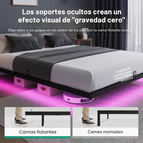 Miniatura 5 de Novilla Marco de Cama Flotante con Luces LED, Marco de Cama Plataforma Moderna Tamaño Full con Tope Deslizante de Colchón, Fácil Ensamblaje, No