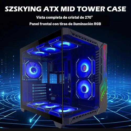 Miniatura 2 de SZSKYING Funda para PC ATX Mid-Tower Gaming con 9 ventiladores ARGB con control remoto, vidrio templado, radiador de 14.173 in, tipo C, negro.