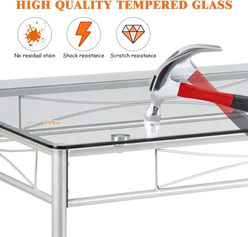 Miniatura 3 de Juego de mesa de comedor moderno para 4, juego de mesa de comedor con mesa de cristal, marco de metal y asiento de madera, mesa de cocina de 5
