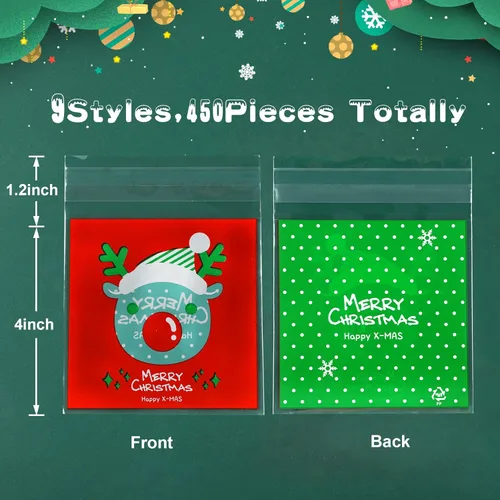 Miniatura 2 de FEBSNOW 450 bolsas de dulces de Navidad, bolsas autoadhesivas de celofán, bolsas de plástico para galletas para Navidad, fiestas, regalos