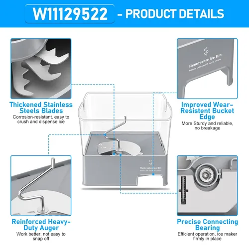 Miniatura 4 de Cubo de hielo para refrigerador W11129522 mejorado compatible con repuesto KitchenAid W10564750 Whirlpool Cubo de hielo extraíble KRFF707ESS01