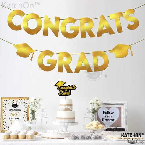 Miniatura 7 de KatchOn, Banner de graduación de felicitaciones doradas y negras con purpurina, 10 pies, pancarta de graduación dorada y negra, guirnalda de gorra