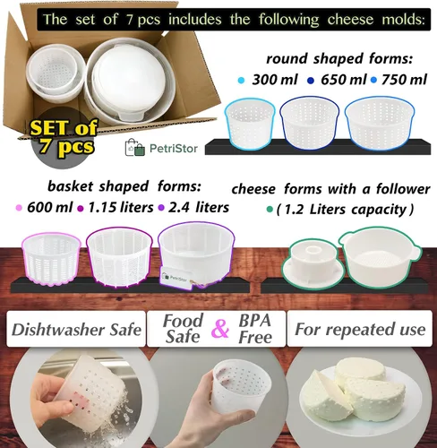 Miniatura 2 de PetriStor Kit de 7 piezas para hacer quesos para principiantes №1 – Moldes de queso suave + molde de queso con un pistón seguidor – Suministros