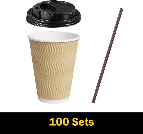 Miniatura 7 de SPRINGPACK Tazas de café de papel desechables con tapas, paquete de 100 tazas de café con aislamiento de pared ondulada de 12 onzas para bebidas