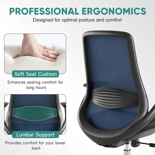 Miniatura 4 de Silla de oficina ergonómica de malla, silla de escritorio ejecutiva de 330 libras con soporte lumbar, reposabrazos 2D, cómodas sillas giratorias Azul
