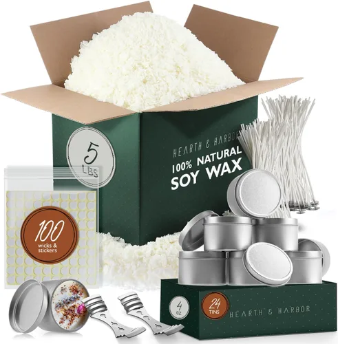 Hearth & Harbor Cera de soja natural y suministros para hacer velas de bricolaje – 5 libras de copos de cera de soja, latas de vela con tapa,