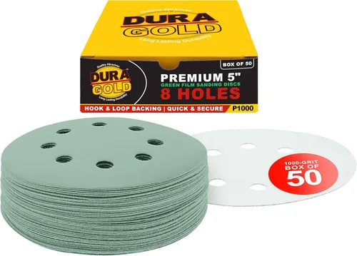 Miniatura 9 de Dura-Gold Discos de papel de lija premium de grano 120 de 5 pulgadas, patrón de 8 agujeros, sin polvo, 50 discos, soporte de gancho y bucle