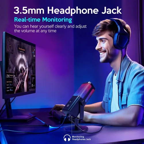 Miniatura 5 de VCOM - Micrófono USB para PC, micrófono RGB para juegos con botón de silencio, control de ganancia, conector de auriculares de monitoreo de 3.5 mm