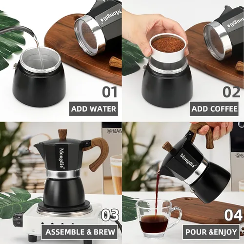 Miniatura 5 de Mongdio Cafetera de café expreso Moka Pot, cafetera cubana, cafetera de estufa Moka Italian Espresso Greca, cafetera percoladora, 3 tazas de Negro