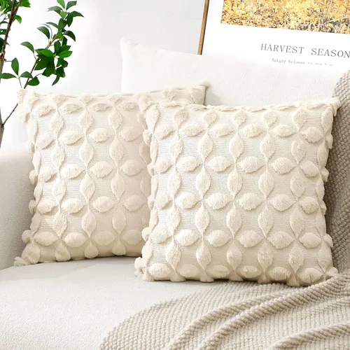 OTOSTAR Juego de 2 fundas de almohada decorativas de terciopelo de lana suave con patrón de flores en 3D, fundas de cojín para sofá de sala de Crema