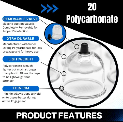 Miniatura 3 de Cupping Warehouse Juego de terapia de ventosas de policarbonato Poly Cups™ de 20 piezas Duradero y ligero PT, kit de ventosas miofasciales