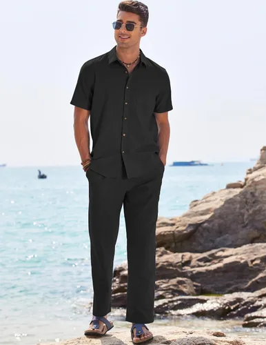 Miniatura 2 de COOFANDY Conjunto de 2 piezas de lino para hombre, conjunto de camisa y pantalón con botones para la playa