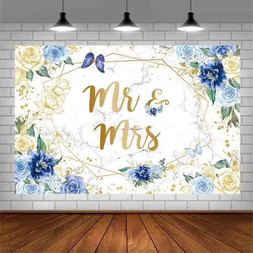 Miniatura 3 de AIBIIN Telón de fondo floral de mármol de 7 x 5 pies para despedida de soltera, flores azules, mariposa, fondo geométrico dorado para parejas