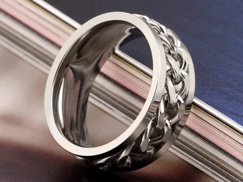 Miniatura 2 de Spinner Ring Men, Silver Braided Band for Wedding,Custom Engraved Stainless Steel, Inlay Chain, Gift for Him