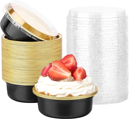 Miniatura 63 de Beasea Ramequines con tapas, 8oz 50 unidades de tazas de aluminio desechables para hornear, tazas de papel de aluminio plateado para creme brulee