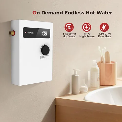 Miniatura 2 de CAMPLUX - Calentador de agua eléctrico sin tanque, 8 kW a 240 voltios, calentador de agua caliente instantáneo bajo demanda para punto de uso