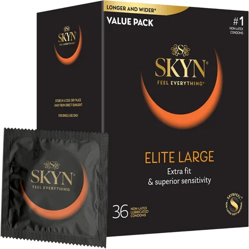 SKYN Elite - Preservativos grandes – 36 unidades – Condones ultrafinos, lubricados sin látex, más largos y anchos para un ajuste más cómodo