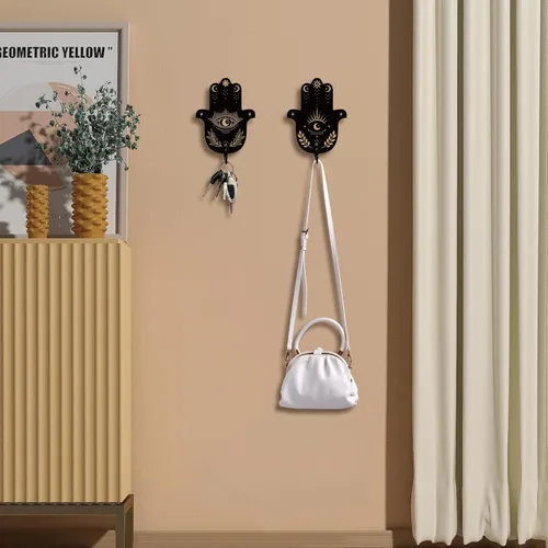 Miniatura 5 de AHANDMAKER Juego de 2 soportes para llaves de mano Hamsa, ganchos de pared con texto de adivinación para decoración de llaves de pared, colgador